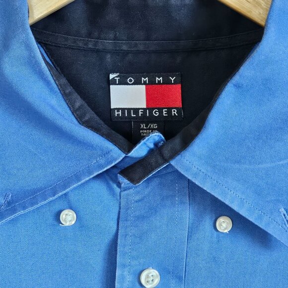 Vntg Y2K Tommy Hilfiger XL Mens Blue Shirt XL Cotton Business Casual Logo - Picture 6 of 12